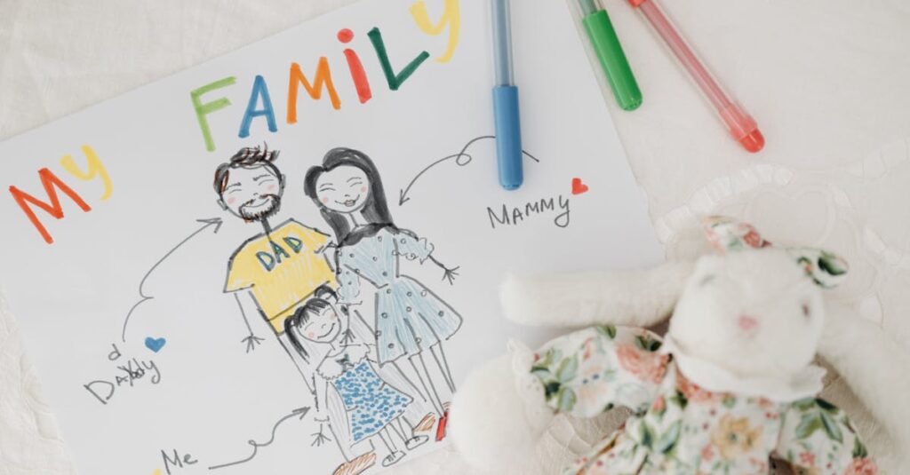 A child's colorful family drawing next to pens and a plush toy on a white surface.